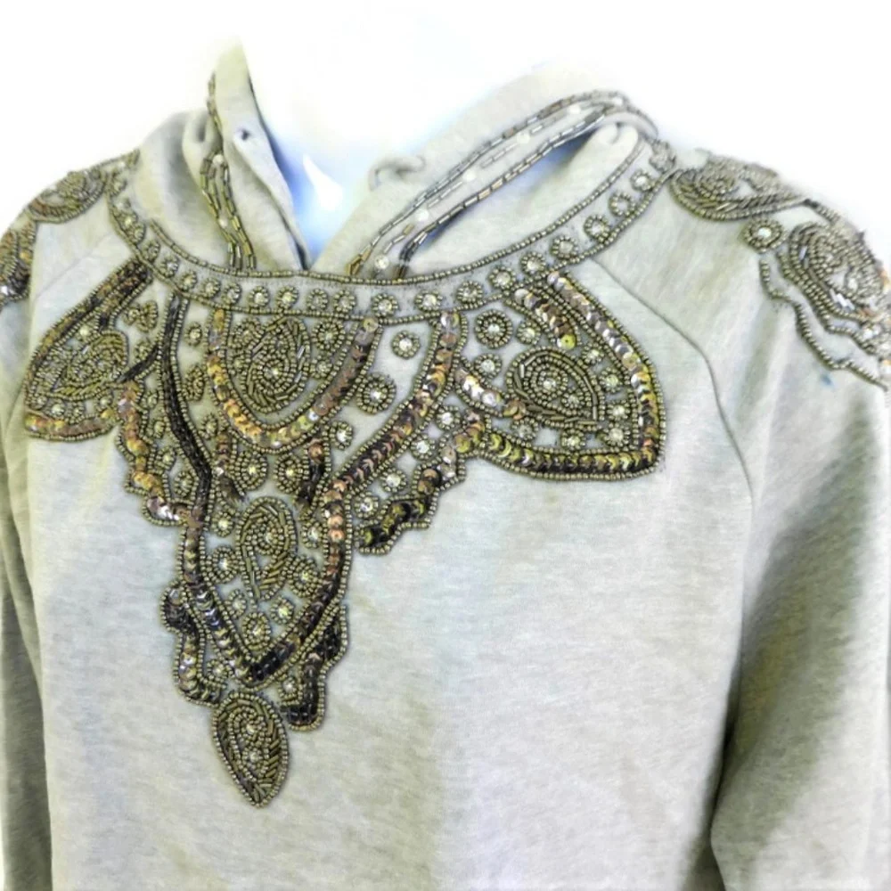 Love Sam Anthropologie Sweatshirt Hoodie Embellished Heavy Beads Heather Gray M